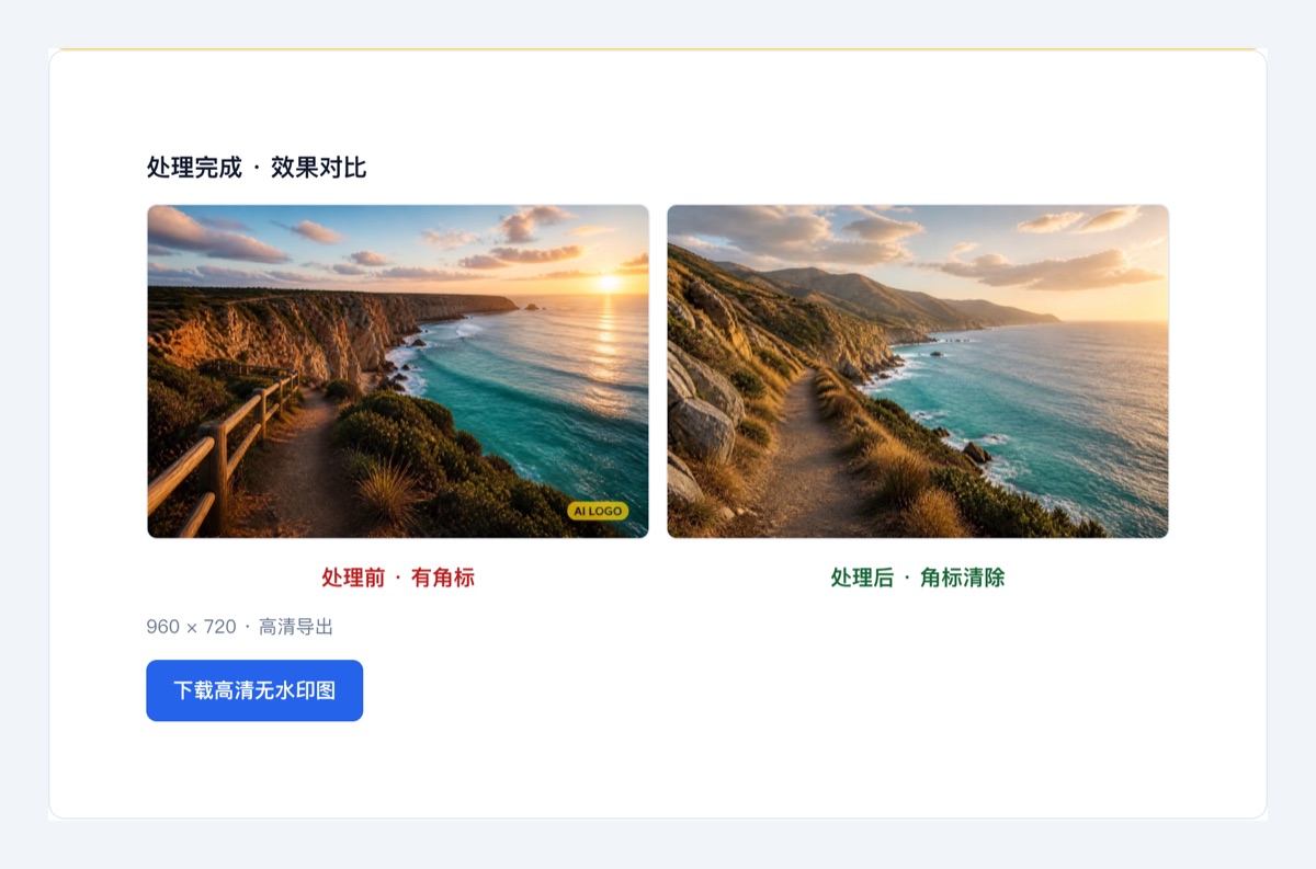 AI生图去水印教程:处理前后对比并下载示意图
