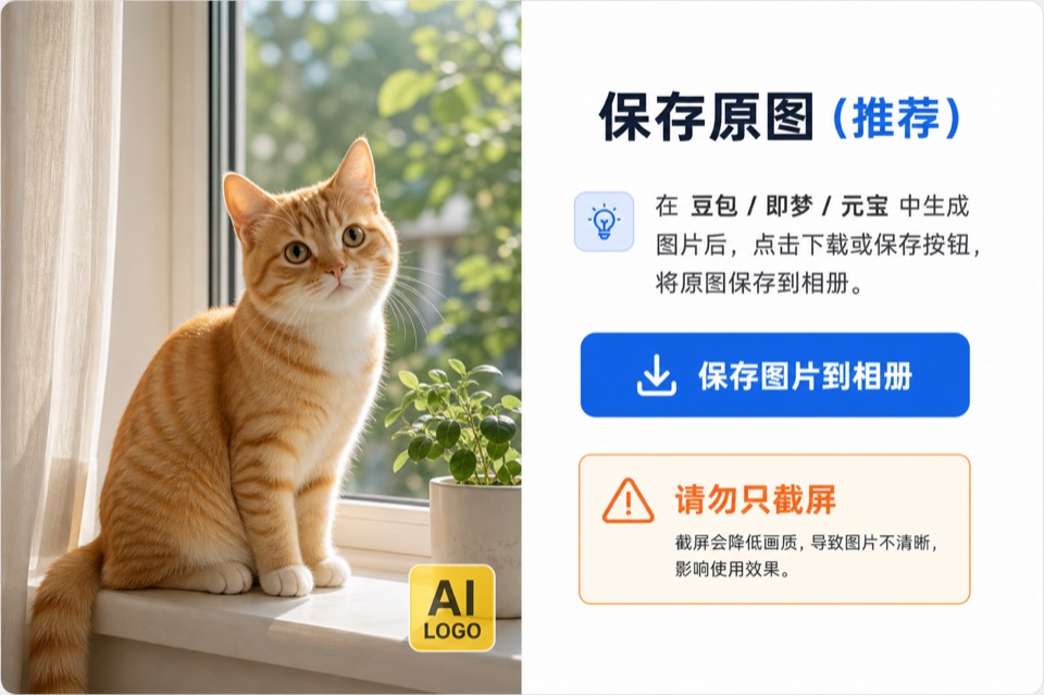 AI生图去水印教程:在豆包等平台保存原图而不是截屏示意图